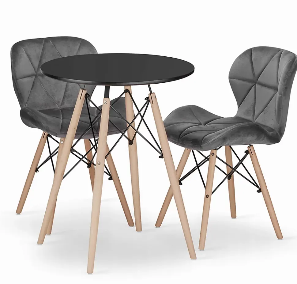 Ensemble Valora : table ronde KOVA 60 noire + 2 chaises WAKO grises (x2)