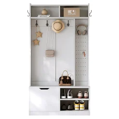 Ensemble vestiaire complet avec banc, 6 crochets, porte et 4 espaces ouverts, blanc, 100x185.5x40cm