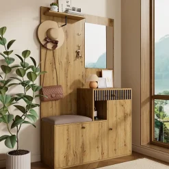 ensemble Vestiaire D'entrée - Vestiaire avec Miroir, Banc et Meuble À Chaussures, MDF, 110x37x185,5 cm - Bois et Noir