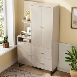 ensemble Vestiaire D'entrée - Vestiaire D'entrée Compact avec Panneau Rembourré, Meuble À Chaussures et Étagères, MDF, Gris+Beige