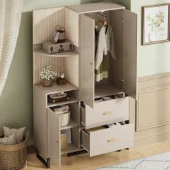 ensemble Vestiaire D'entrée - Vestiaire D'entrée Compact avec Panneau Rembourré, Meuble À Chaussures et Étagères, MDF, Gris+Beige