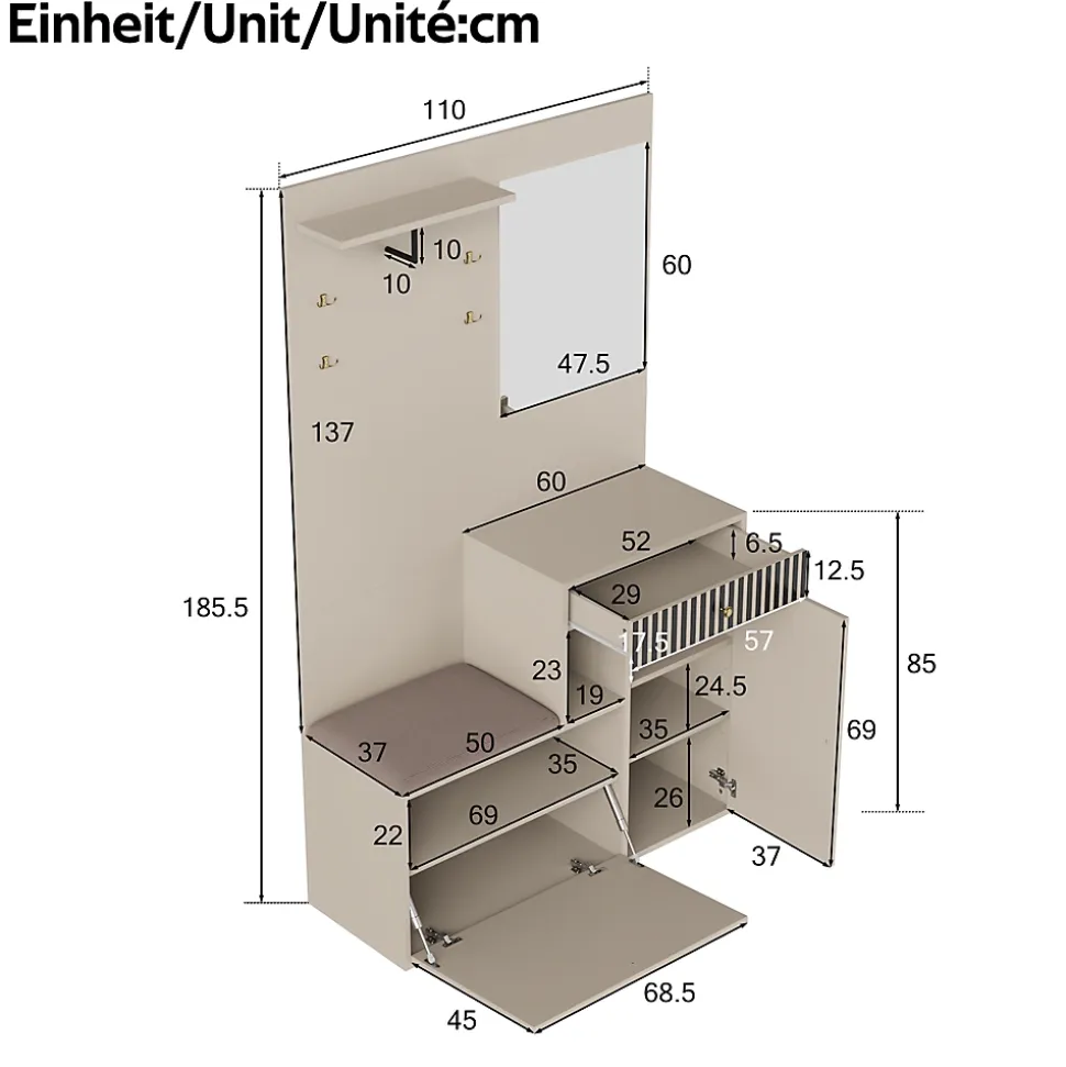 ensemble Vestiaire d'entrée Complet - Vestiaire avec Banc, Miroir et Meuble à Chaussures, MDF, 110x37x185,5 cm, Kaschmirfarben