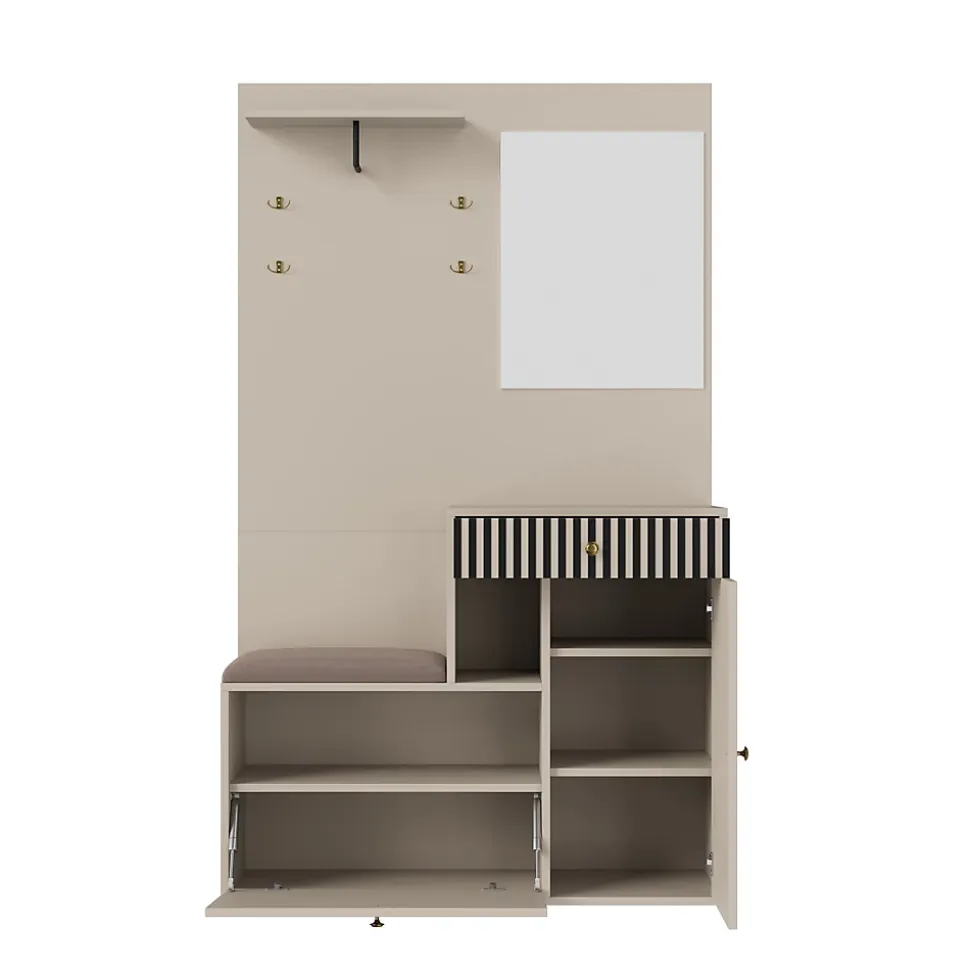 ensemble Vestiaire d'entrée Complet - Vestiaire avec Banc, Miroir et Meuble à Chaussures, MDF, 110x37x185,5 cm, Kaschmirfarben