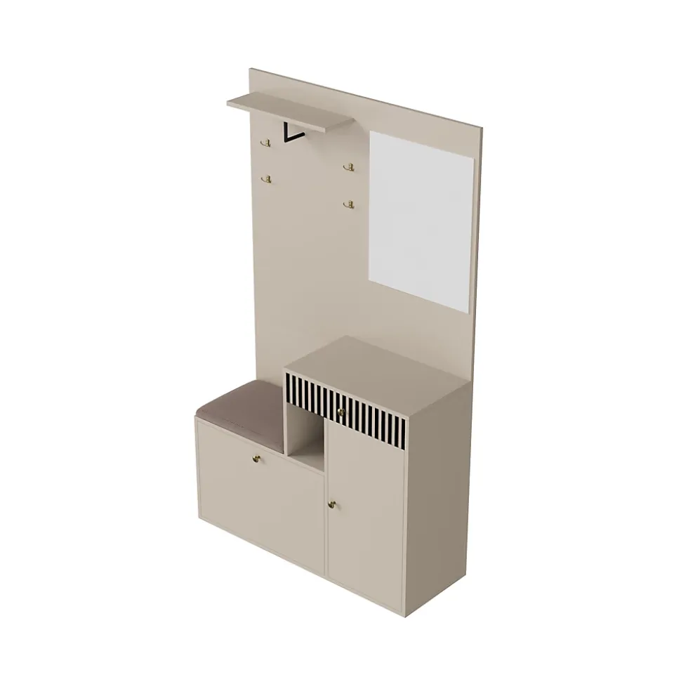 ensemble Vestiaire d'entrée Complet - Vestiaire avec Banc, Miroir et Meuble à Chaussures, MDF, 110x37x185,5 cm, Kaschmirfarben