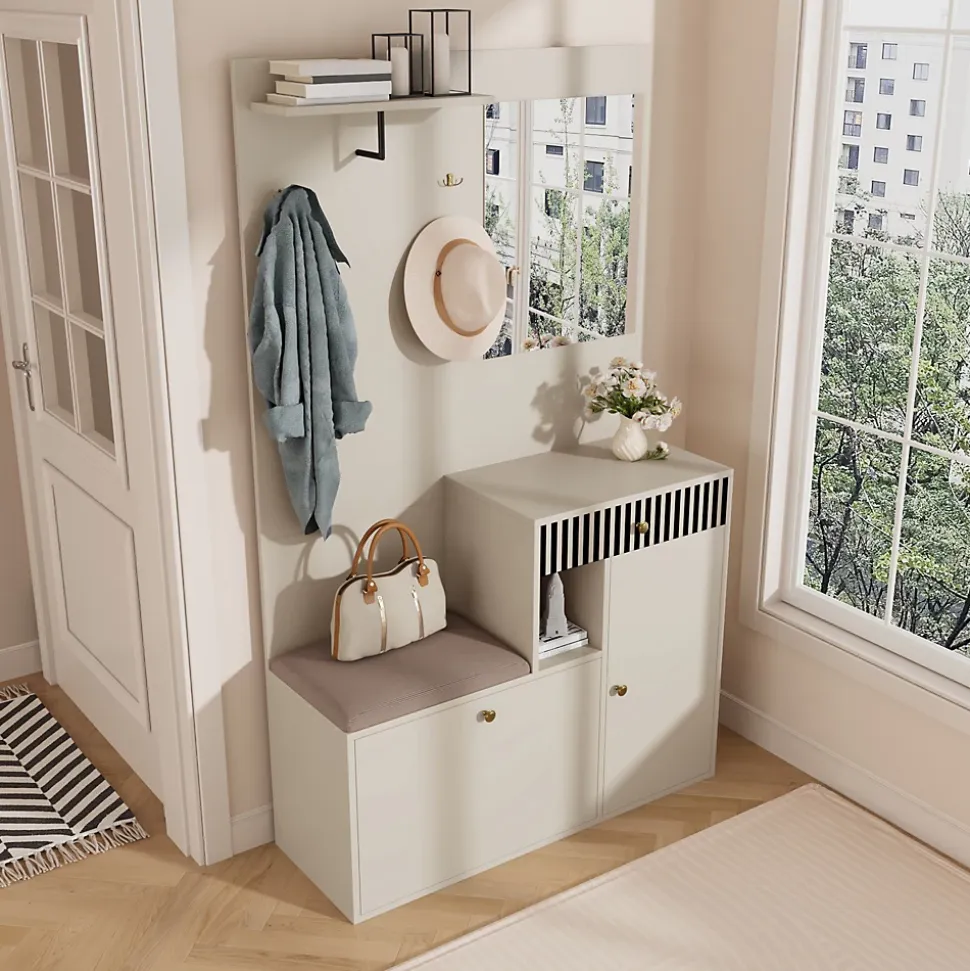 ensemble Vestiaire d'entrée Complet - Vestiaire avec Banc, Miroir et Meuble à Chaussures, MDF, 110x37x185,5 cm, Kaschmirfarben