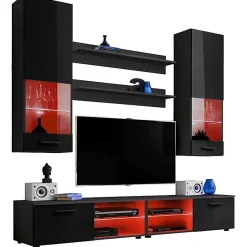 Ensembles de meubles TV Varallo Komodee - LED RGB - Noir Brillant & Noir - Façades en Brillant - L200cm x H195cm x P45cm