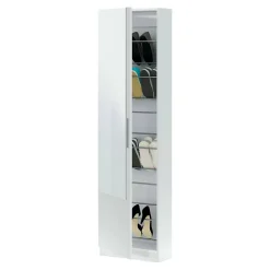 Etagere à chaussures Eugene, Armoire à chaussures haute avec 1 porte, Armoire d'entrée avec miroir, 50x22h180 cm, Blanc