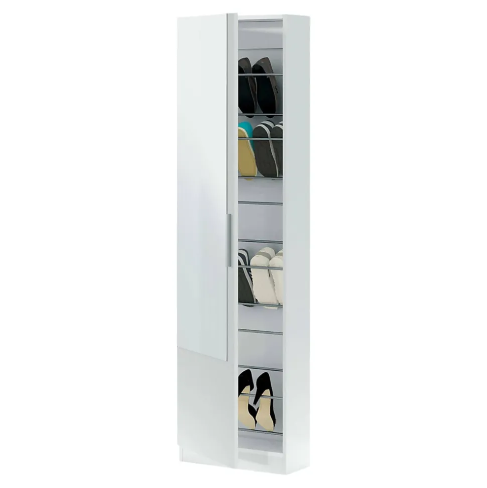 Etagere à chaussures Eugene, Armoire à chaussures haute avec 1 porte, Armoire d'entrée avec miroir, 50x22h180 cm, Blanc