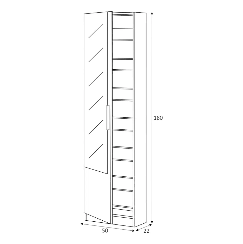 Etagere à chaussures Eugene, Armoire à chaussures haute avec 1 porte, Armoire d'entrée avec miroir, 50x22h180 cm, Blanc