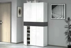 Etagere à chaussures Marzio, Etagere à chaussures peu encombrante à 7 portes, 114x38h200 cm, Blanc et Ardoise