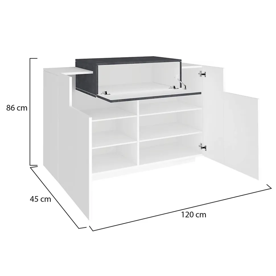 Etagere à chaussures Peter, Armoire polyvalente avec 2 portes et 1 porte abattante, 120x45h86 cm, Blanc brillant et ardoise