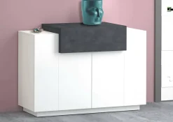 Etagere à chaussures Peter, Armoire polyvalente avec 2 portes et 1 porte abattante, 120x45h86 cm, Blanc brillant et ardoise