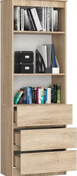 Etagere, 3 tiroirs 2 etageres, chene sonoma, Largeur : 60 cm, Hauteur : 180 cm, Profondeur : 35 cm