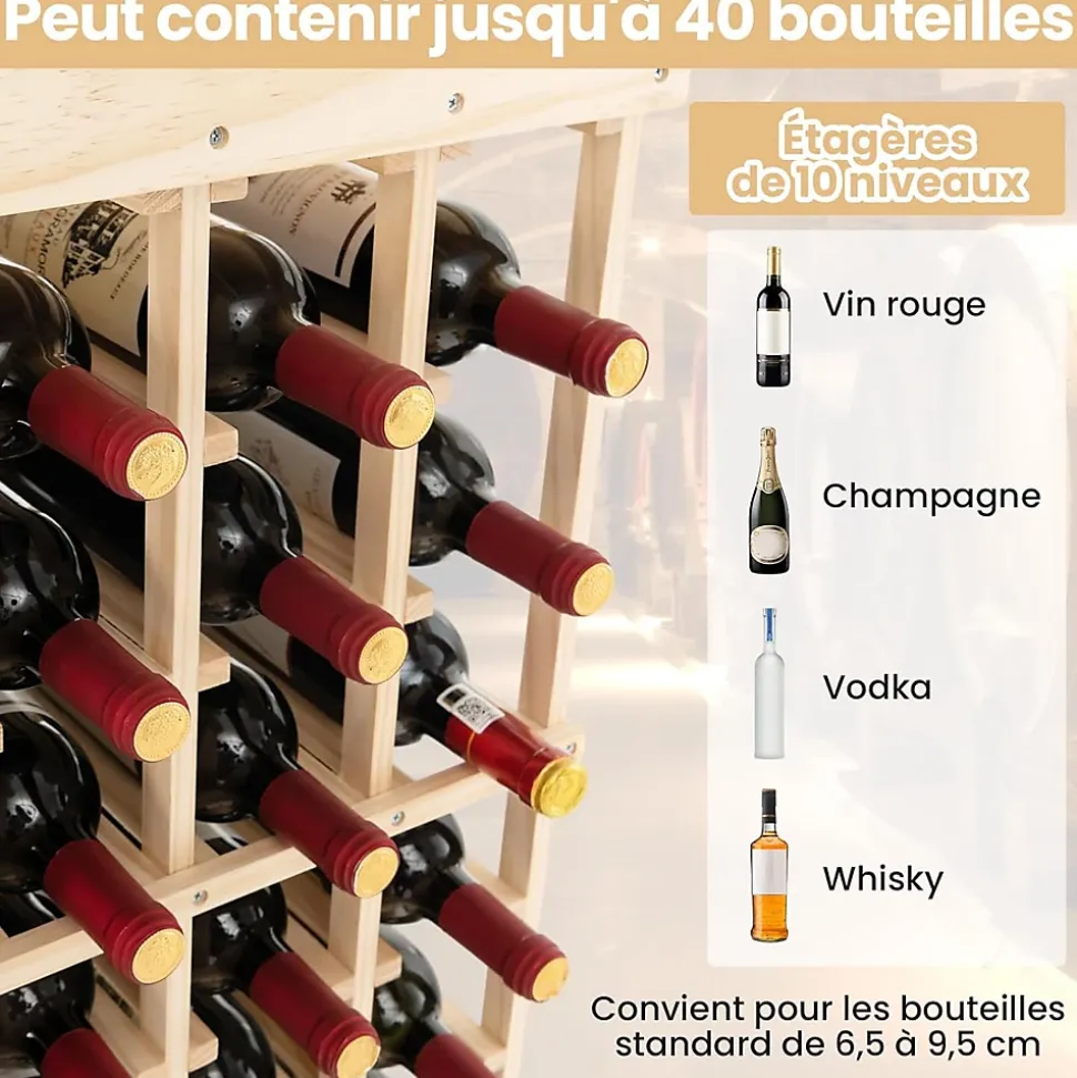 Etagere a Bouteille avec 10 Etages et 40 Emplacements pour Bouteilles Materiaux en Pin Massif Stockage a l Horizontal