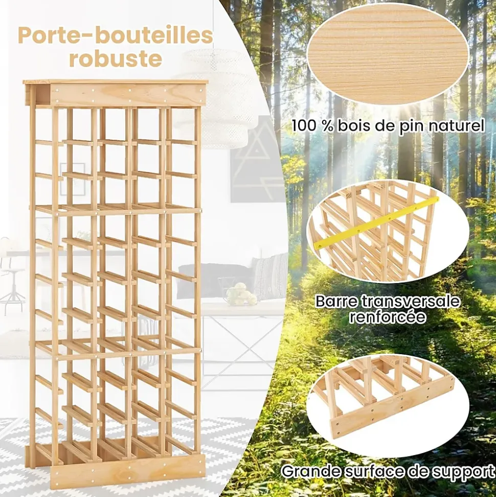 Etagere a Bouteille avec 10 Etages et 40 Emplacements pour Bouteilles Materiaux en Pin Massif Stockage a l Horizontal
