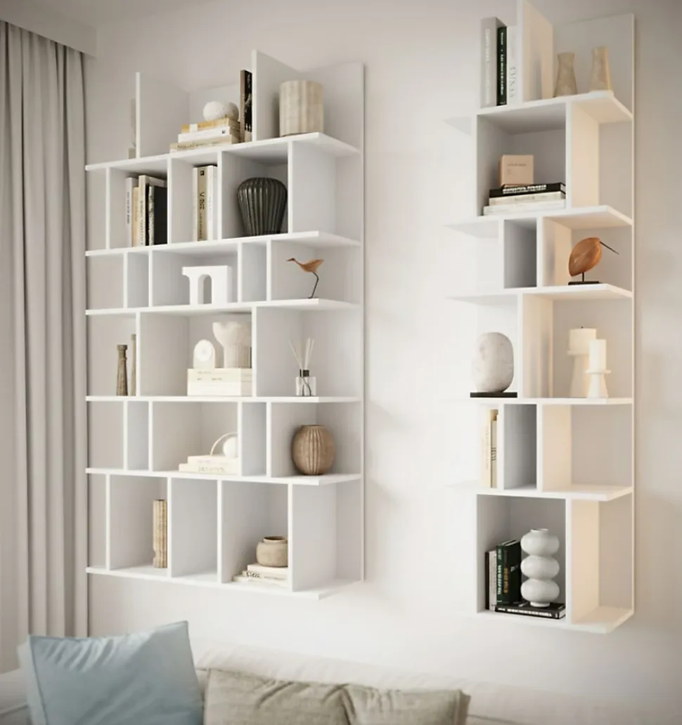 Etagere blanche murale et autoportante a compartiments asymetriques 180 cm modele Bemmi