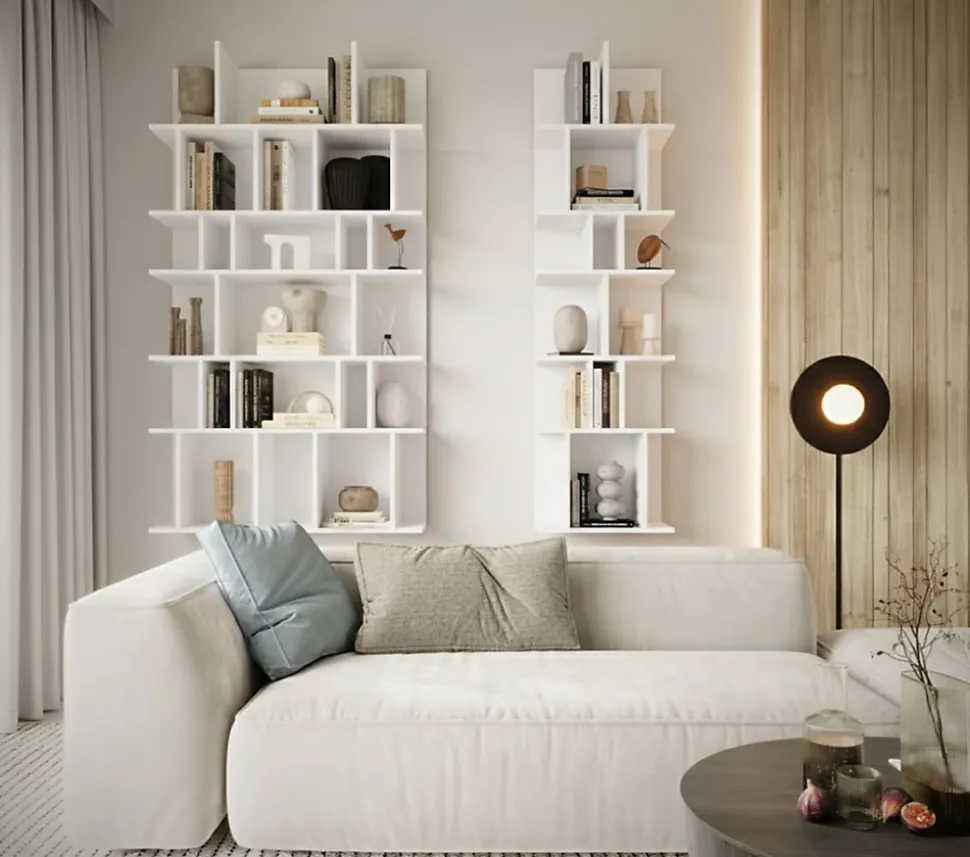 Etagere blanche murale et autoportante a compartiments asymetriques 180 cm modele Bemmi