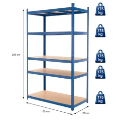 Etagere de Rangement - 200x100x60 cm - Capacite max. 875 kg - 5 Plateaux MDF