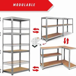 Etagere garage metallique 5 niveaux de rangement 180 x 180 cm robuste et modulable 40 cm gris