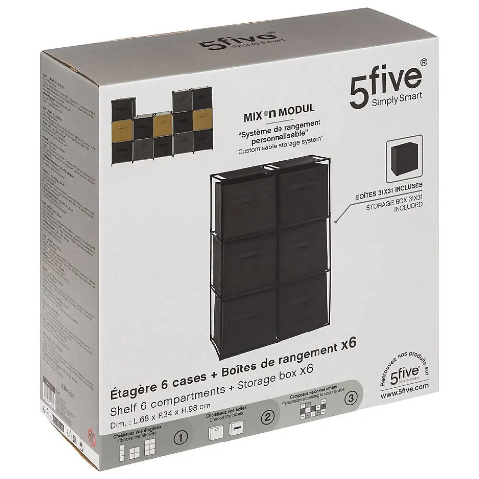 Etagère 6 cases avec 6 boîtes de rangement Mix N' Modul noir - Noir- 5five