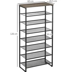 Etagère à chaussures 7 niveaux - rack à chaussures 7 étagères et plateau - acier noir aspect bois gris