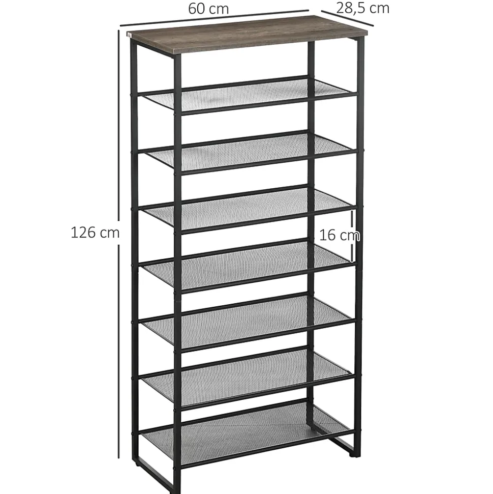 Etagère à chaussures 7 niveaux - rack à chaussures 7 étagères et plateau - acier noir aspect bois gris