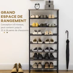 Etagère à chaussures 7 niveaux - rack à chaussures 7 étagères et plateau - acier noir aspect bois gris