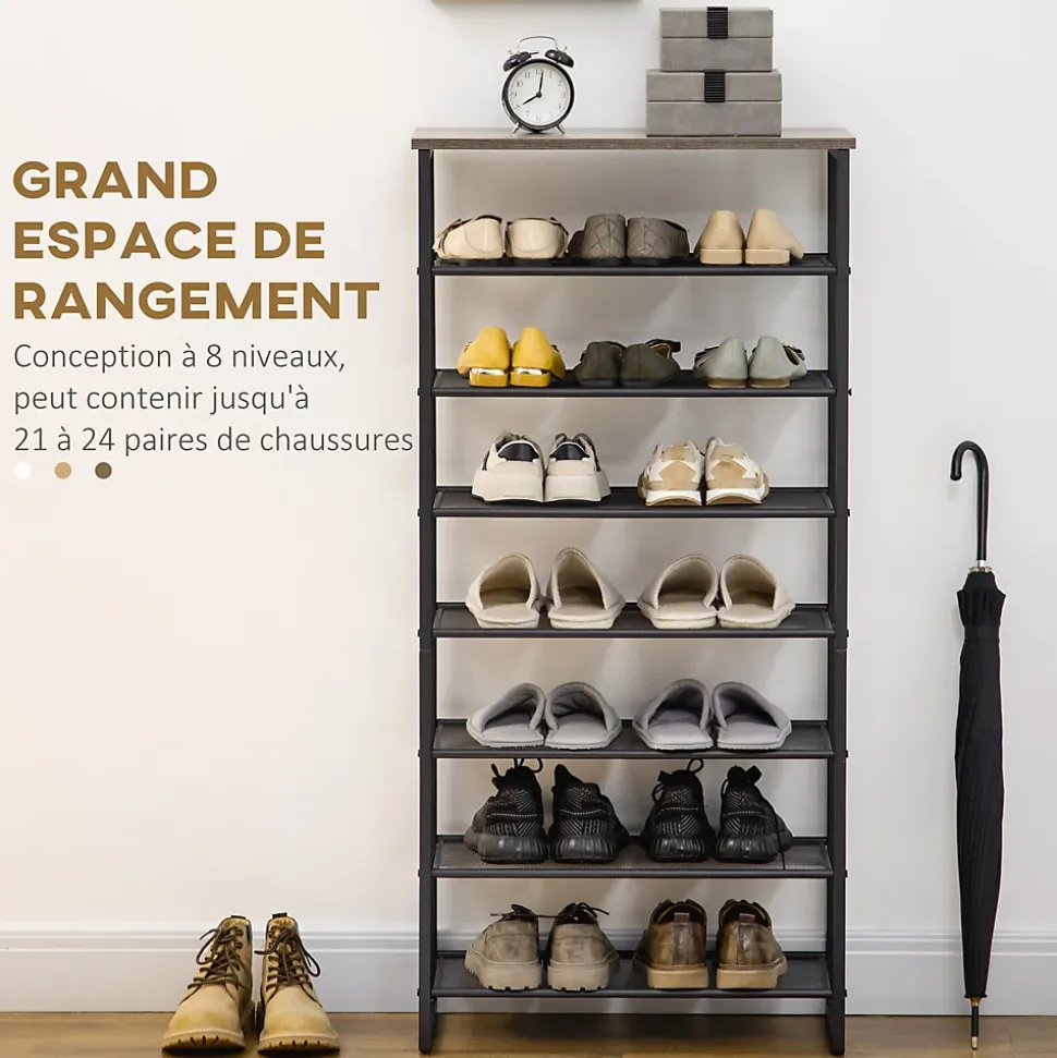 Etagère à chaussures 7 niveaux - rack à chaussures 7 étagères et plateau - acier noir aspect bois gris