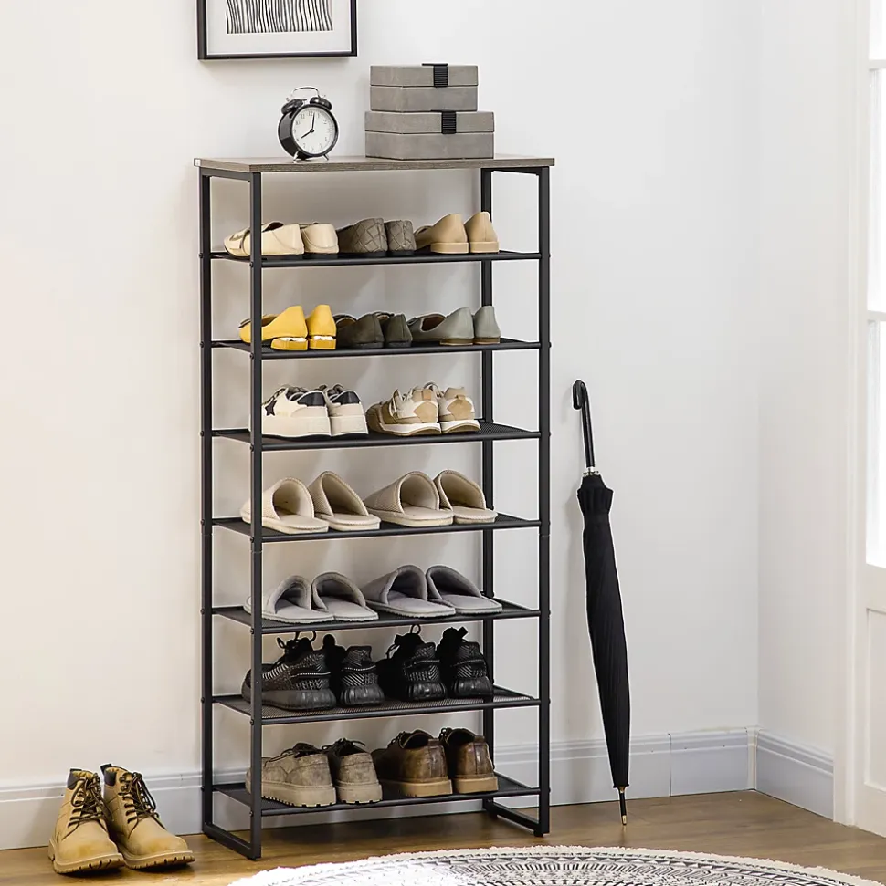Etagère à chaussures 7 niveaux - rack à chaussures 7 étagères et plateau - acier noir aspect bois gris