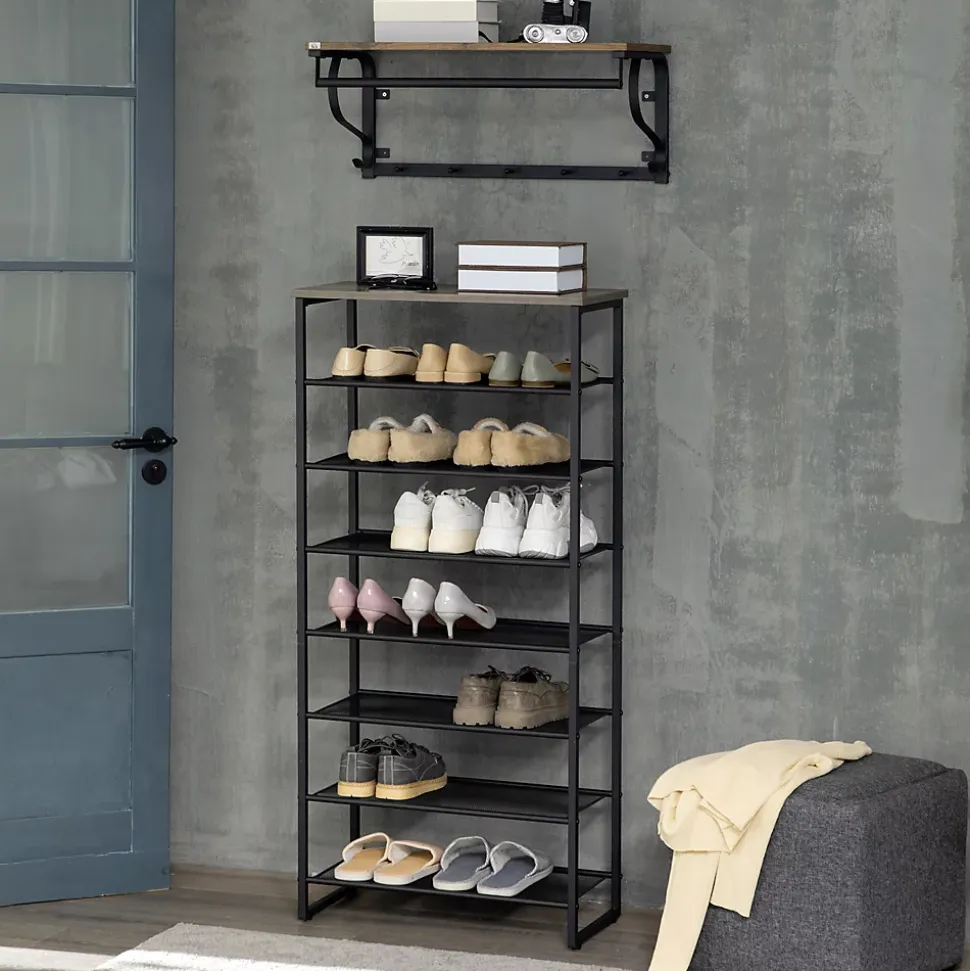 Etagère à chaussures 7 niveaux - rack à chaussures 7 étagères et plateau - acier noir aspect bois gris