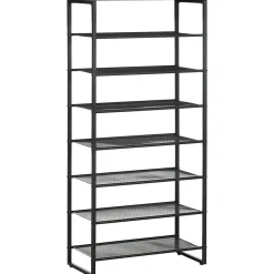 Etagère à chaussures 7 niveaux - rack à chaussures 7 étagères et plateau - acier noir aspect bois gris