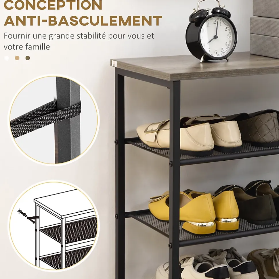 Etagère à chaussures 7 niveaux - rack à chaussures 7 étagères et plateau - acier noir aspect bois gris