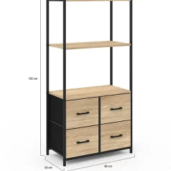 Etagère 3 niveaux avec 4 tiroirs en tissu UTAH 120 cm meuble de rangement design industriel