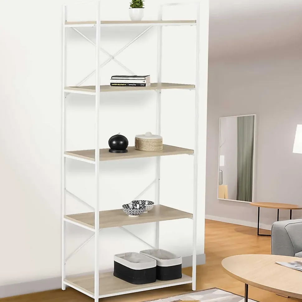 Etagère 5 niveaux DETROIT design industriel bois et métal blanc 170 cm