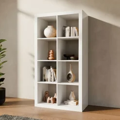 Etagère bibliothèque 4 niveaux 8 compartiments. casiers. effet bois blanc. L 76 x P 39 x H 146cm