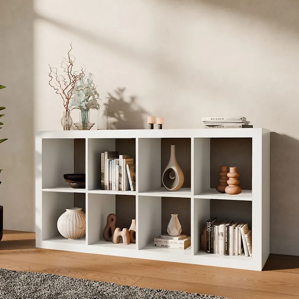 Etagère bibliothèque 4 niveaux 8 compartiments. casiers. effet bois blanc. L 76 x P 39 x H 146cm