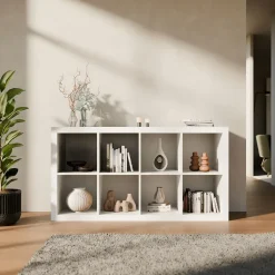 Etagère bibliothèque 4 niveaux 8 compartiments. casiers. effet bois blanc. L 76 x P 39 x H 146cm