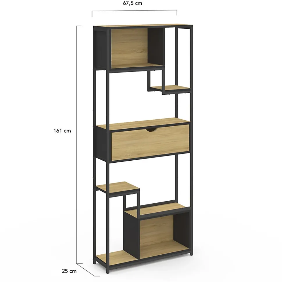Etagère bibliothèque 6 niveaux asymétrique DETROIT avec tiroir design industriel 161 cm