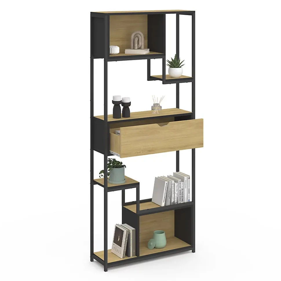 Etagère bibliothèque 6 niveaux asymétrique DETROIT avec tiroir design industriel 161 cm
