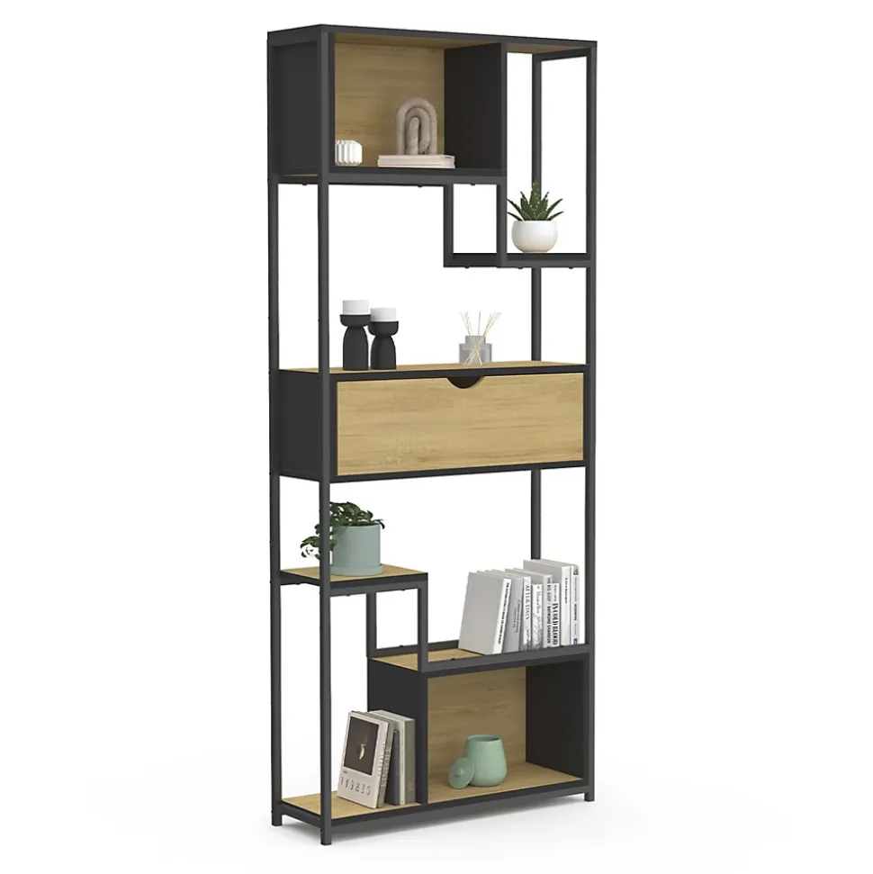 Etagère bibliothèque 6 niveaux asymétrique DETROIT avec tiroir design industriel 161 cm