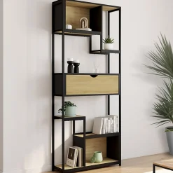 Etagère bibliothèque 6 niveaux asymétrique DETROIT avec tiroir design industriel 161 cm
