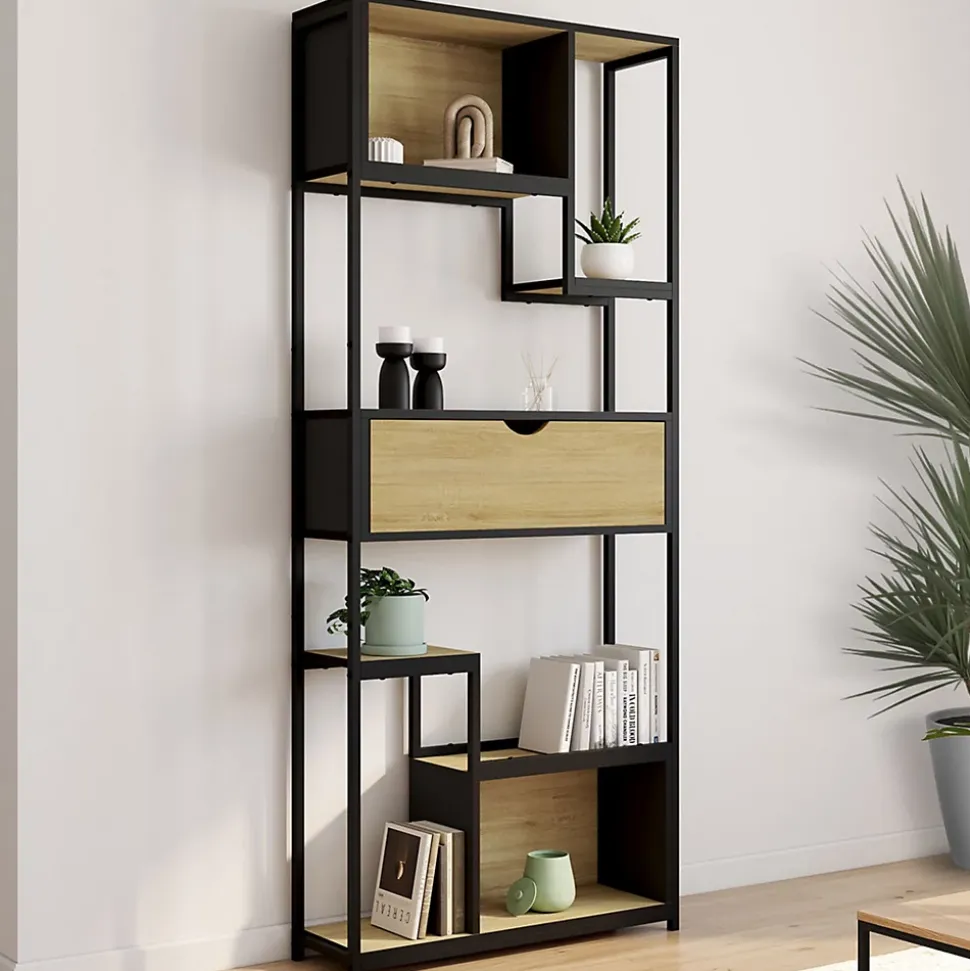 Etagère bibliothèque 6 niveaux asymétrique DETROIT avec tiroir design industriel 161 cm