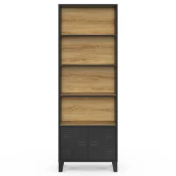 Etagère bibliothèque 5 niveaux avec placard ESTER portes métal noir et plateau bois design industriel