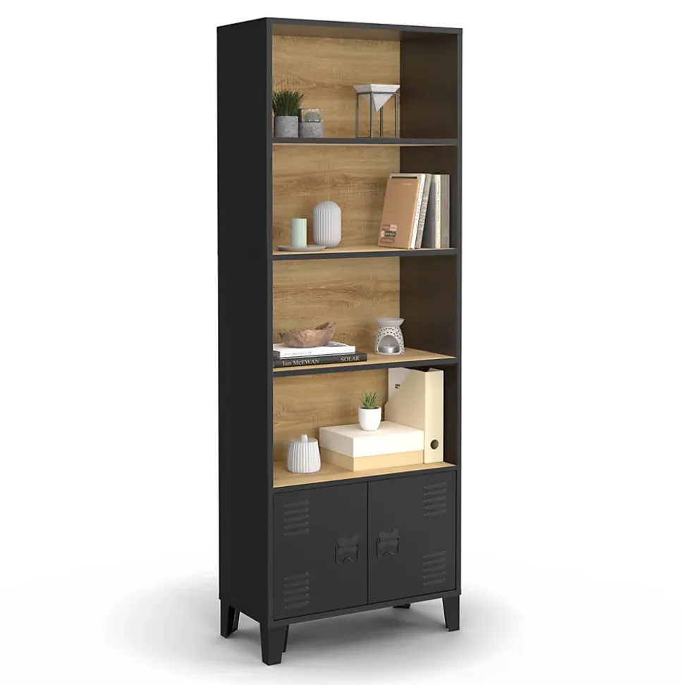Etagère bibliothèque 5 niveaux avec placard ESTER portes métal noir et plateau bois design industriel