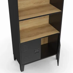 Etagère bibliothèque 5 niveaux avec placard ESTER portes métal noir et plateau bois design industriel