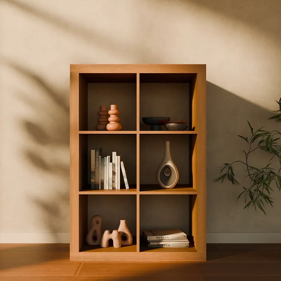 Etagère bibliothèque 2 niveaux 6 compartiments. casiers. effet bois de manguier. L 111.2 x P 39 x H 76cm