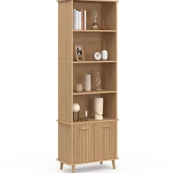 Etagère bibliothèque 4 niveaux avec placard JULIETTE lattes tasseau bois coloris chêne