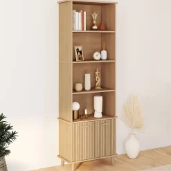 Etagère bibliothèque 4 niveaux avec placard JULIETTE lattes tasseau bois coloris chêne