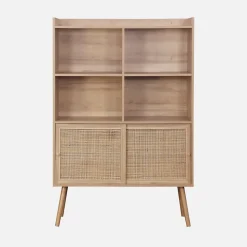 Etagère bibliothèque 5 étagères. 2 portes coulissantes. effet bois et cannage
