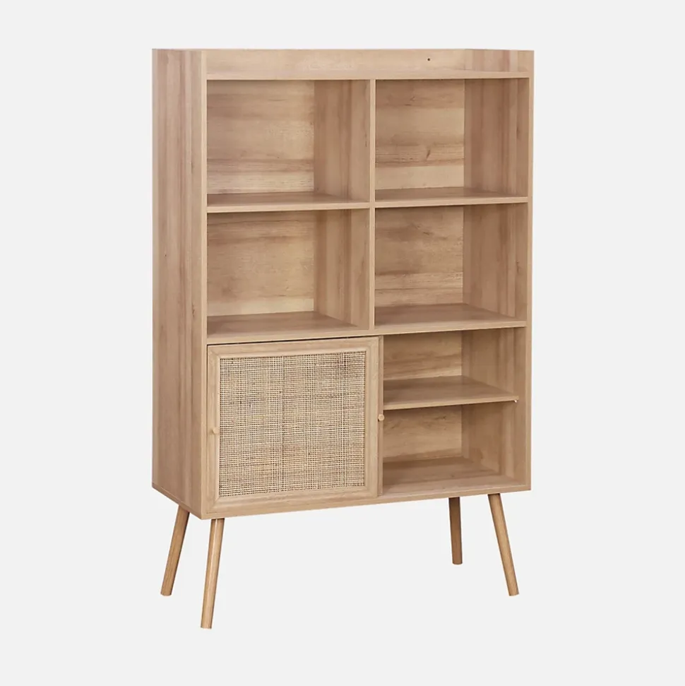 Etagère bibliothèque 5 étagères. 2 portes coulissantes. effet bois et cannage